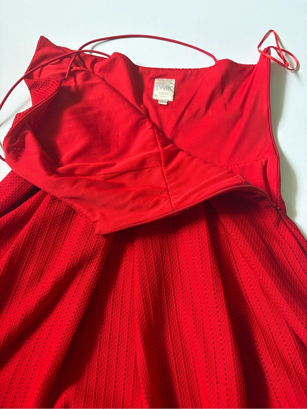 TWIK Simons Red Ribbed Halter Skater Dress Pleated Cutout Hem Sz XS - Picture 10 of 13